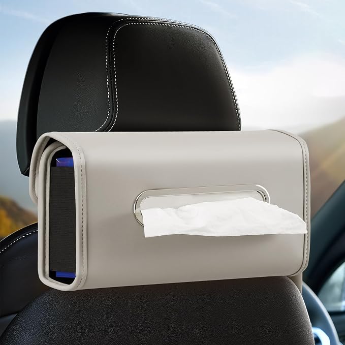 WHHMK Large Car Tissue Holder Refill Easily Clamshell Opening, Grey 1PC | Tissue Box Cover Keep Car Tidy, Premium PU Leather Backseat Napkin Rectangle Organizer in Auto, Fits 100-150 Count Tissues by WHHMK