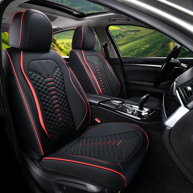 Coverado Seat Covers Full Set, Waterproof Nappa Leather Seat Covers for Cars, 5 Seats Universal Car Seat Protectors, Black Car Seat Covers Car Seat Cushions Fit for Most Cars (Black&Red) by COVERADOAUTO