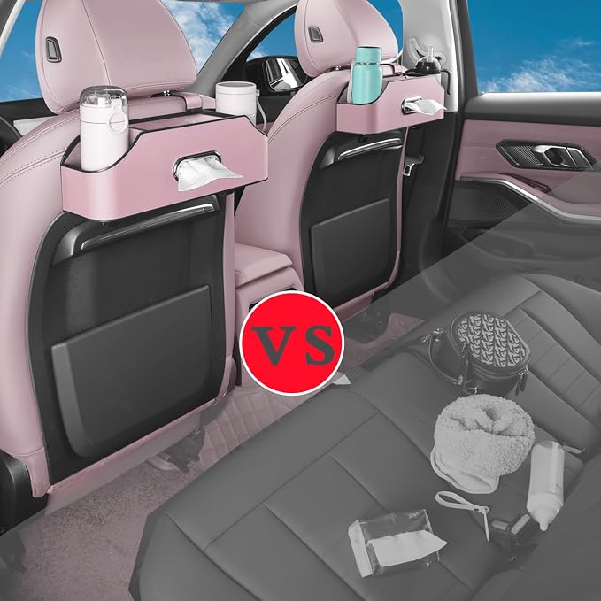 HOLDCY Car Back Seat Organizer with 2 Cup Holders, Tissue Storage, Pink | Rigid ABS Frame With Pu Leather, Dual Hooks And Tool-Free Mounting For Cars, Suvs And Trucks With Separate Headrest Posts - Image 3