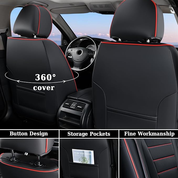Coverado Seat Covers, Car Seat Covers Front Seats, Car Seat Cover, Car Seat Protector Waterproof, Car Seat Cushion Nappa Leather, Seat Covers for Cars Carseat Cover Universal Fit for Most Cars-Redline - Image 2