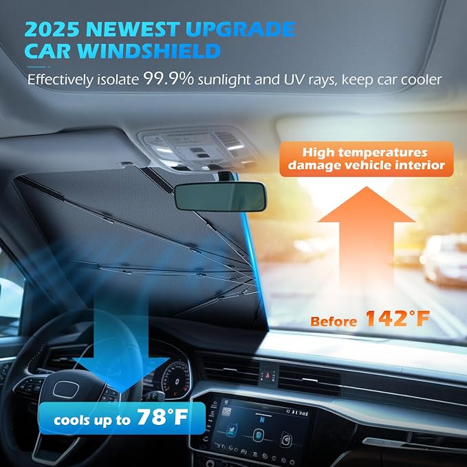 [2026 Upgrade] FLORICH Windshield Sunshade Umbrella Foldable Car Windshield Sun Shade Cover Protect Interior from UV Keep Car Cooler Foldable Large(61" L x 33" W) - Image 2