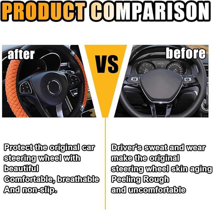 JOYCOURT 15 Inch Bling Soft Leather Car Steering Wheel Cover, Orange | Colorful Rhinestones Design, Auto Elastic Protector for Women Girls, Crystal Diamond Car Accessories for Most Cars, SUVs - Image 3
