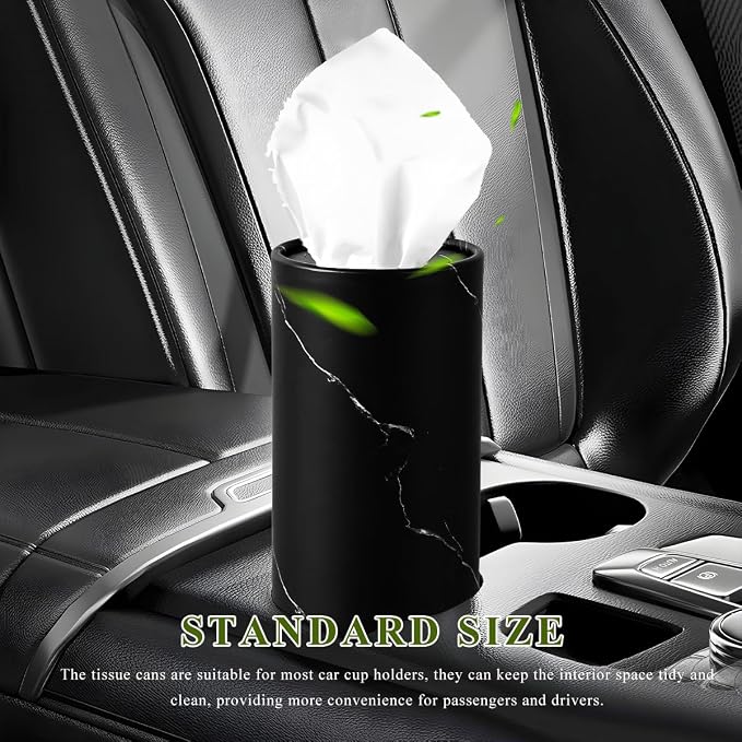 4 PCS Car Tissue Holder, Refillable Auto Cup Holder Round Napkin Container with Facial Tissues, Portable Tissue Box Paper Towel Cylinder for Most Vehicles, Car Accessories (Marble Black) - Image 4