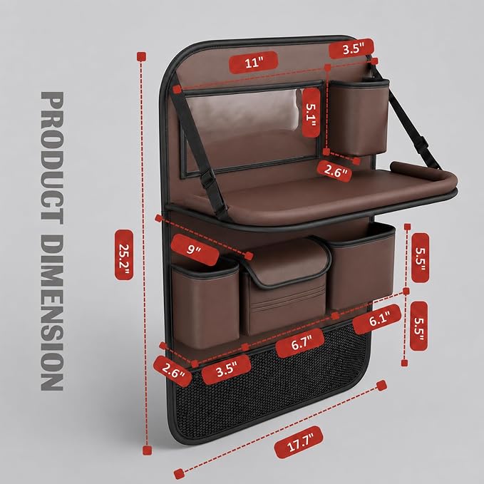 2 Pack Leather Car Backseat Organizer with Foldable Table Tray, Universal Car Seat Back Protector Kick Mat with Touchscreen Tablet Holder, Storage Pockets, Cup Holders & Tissue Holder, Brown - Image 3