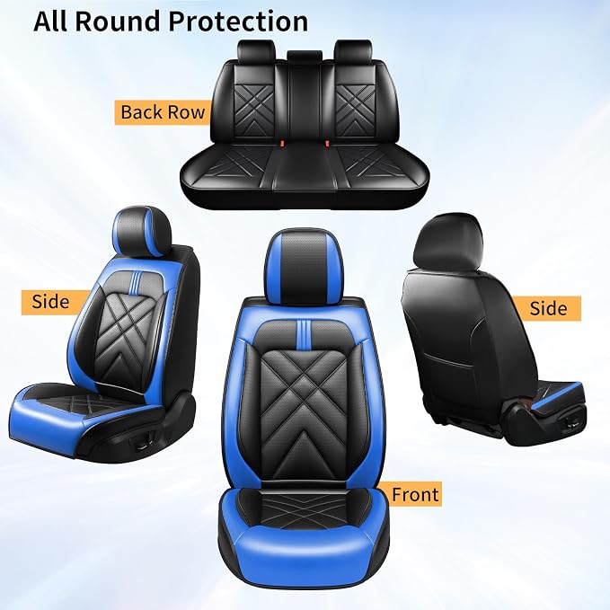 Soul Car Seat Covers Fit for Kia Soul 2010-2026, Premium Full Coverage Leather Automotive Seat Protectors, All Seasons Waterproof Breathable, Airbag Compatible, Full Set Seats, Black-Blue - Image 8