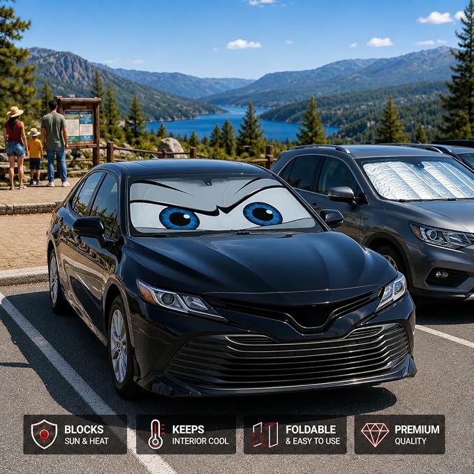 Car Windshield Sun Shade, Universal Fit Compact Sedan SUV, Cool Gray | 57 x 29.5" Car Sun Visor, Foldable Front Window Sunshade, UV Heat Protection, Cute Eyes Series - Image 7