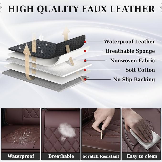 Coverado Car Seat Covers Full Set, Luxury Faux Leather Waterproof Seat Cover, Front and Back Car Seat Protector, Universal 5 Seat Leather Seat Cushion, Carseat Cover Fit Most Cars, Coffee - Image 5