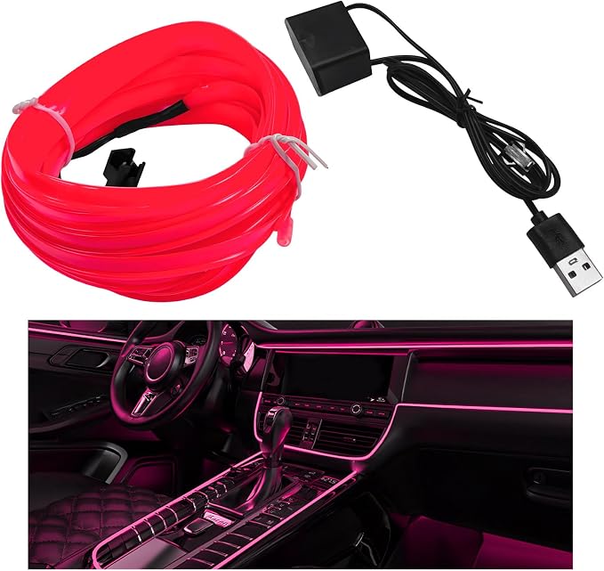 EL Wire Interior Car LED Strip Lights, 16.5FT 5V EL Wire Strip Neon Glowing Strobing Light w/ 5mm Sewing Edge, USB Electroluminescent Ambient Lighting Kit for Car Inside Decoration (Pink) by Pxobiug