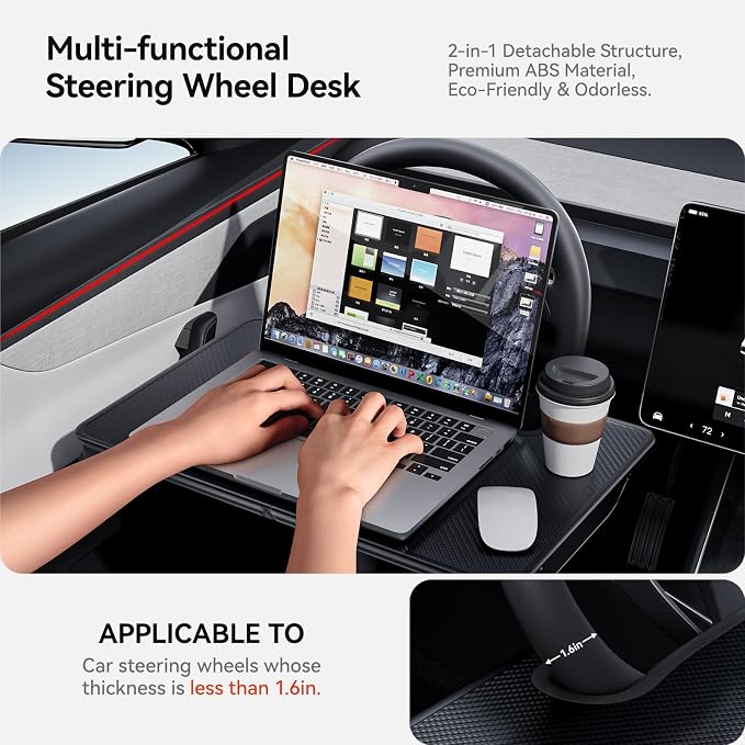 YONZEE 2-in-1 Car Steering Wheel Desk Tray & Car Seat Gap Filler Organizer – Foldable Carbon Fiber Look Table for Laptop, Eating Food, Writing – for Standard Round Steering Wheels - Image 5