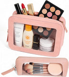 2Pack Clear Makeup Bags Set, Small Clear Makeup Bag, PU Leather Travel Makeup Brush Case Portable Transparent Waterproof Cosmetic Pencil Case Organizer Pouch(2Pack-White Set) - Image 2