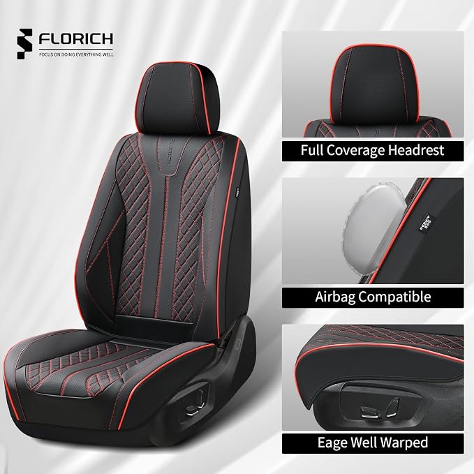FLORICH Leather Car Seat Covers, Automotive Seat Cover 2 Pack Waterproof Seat Covers for Cars Driver Seat Cover Protectors Universal Fit for Most Cars SUV Trucks Vehicles, Black&Red Line - Image 3