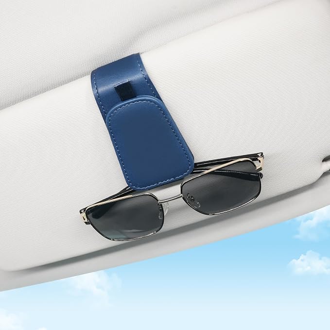 SINGARO 2 Pack Sunglass Holder for Car Visor Sunglasses Holder Clip, Universal Non-Slip Magnetic Leather Glasses Eyeglasses Hanger Mounter, Truck Interior Car Visor Accessories for Woman Man, Blue - Image 2