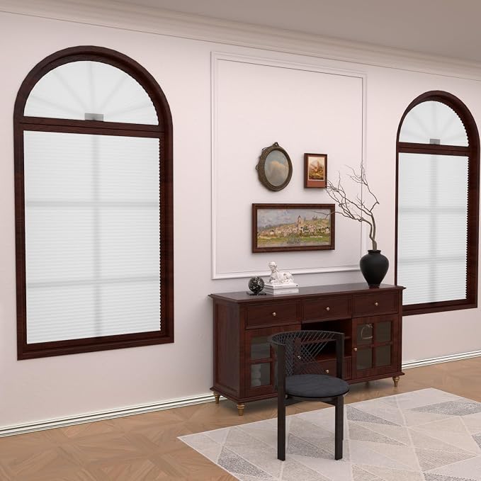 Myshade Arch Window Shades Half Circle Light Filtering Cellular Shades Cordless No Drill Blinds for Windows Half Moon Honeycomb Fabric No Tools Shades Easy Install (2PCS White 72" W X 36" H) - Image 2