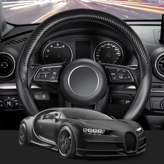 SEG Direct Steering Wheel Cover 14"-14.25" Heavy-Duty, Black Carbon Fiber | 35.5-36cm for Prius Civic Model 3 Model Y Camaro, Microfiber Leather Carbon Pattern, Non-Slip Car Auto Interior Accessories - Image 2
