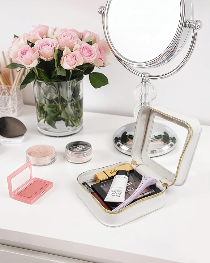 Mini Makeup Bag,Clear Makeup Bag Cute Travel Makeup Case Pouch Purse Essentials Car Accesories for Women,Travel Essentials Organizers (Off White, Mini-Chic) - Image 4