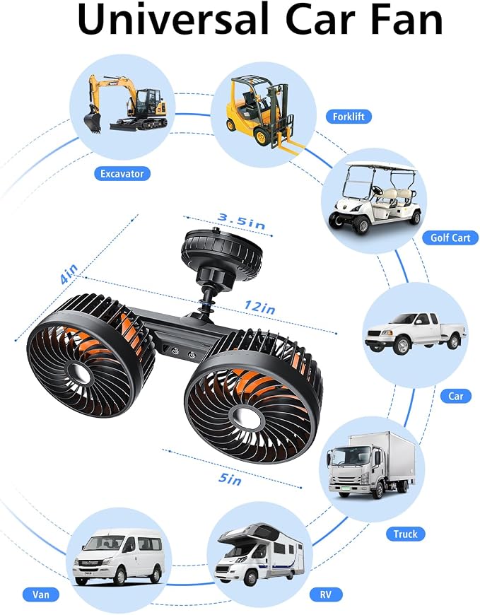 Rechargeable 4000mAh Battery Powered Fan for Car Windshield Wall | Portable Strong Suction Cup Fan for RV Pickup Truck SUV Van Forklifts Excavators Golf Cart, 3 Speeds, 360 Rotatable - Image 3
