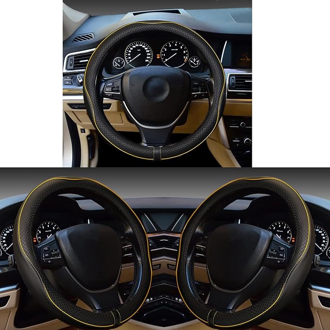 Gomass Car Steering Wheel Cover, Anti-Slip, Safety, Soft, Breathable, Heavy Duty, Thick, Full Surround, Sports Style (Black with Yellow Line) - Image 2