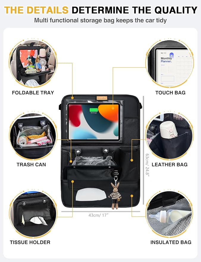 2-Pack Leather Car Backseat Organizer with Tablet Holder–Foldable Food Tray,Storage Pockets,Trash Can,Tissue Holder & Insulated Bag–Kick Mats Protector for Kids,Travel Accessories Organizer - Image 2