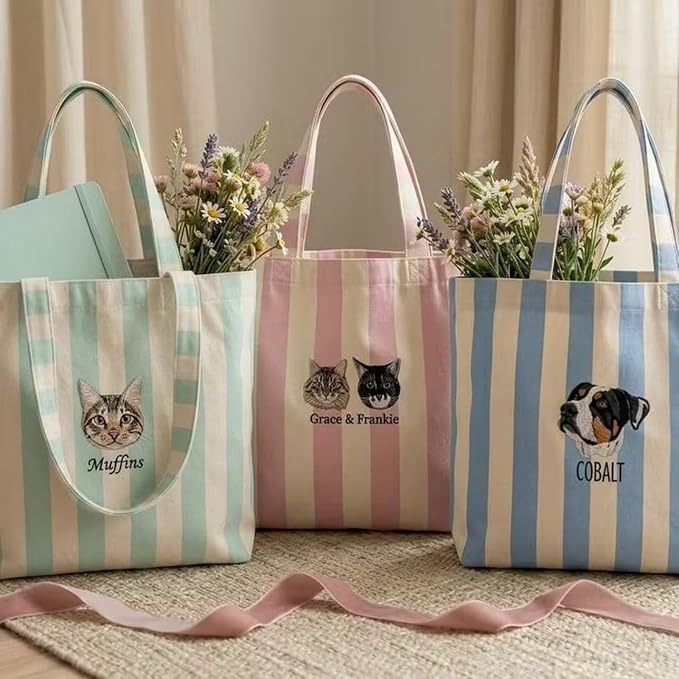 Custom Embroidered Pet Portrait Striped Tote Bag Personalized Dog Cat Mom Gift with Name Large Canvas Beach Shopping Tote for Women Reusable Summer Shoulder Bag - Image 4