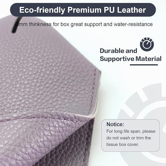 Tissue Box Cover 5X5X5'' PU Leather Tissue Holder Square Tissue Cube Box Organizer for Bathroom Vanity Countertop, Car, Night Stands, Office, Home, Kitchen (2Pack, Light Bray Purple) - Image 6