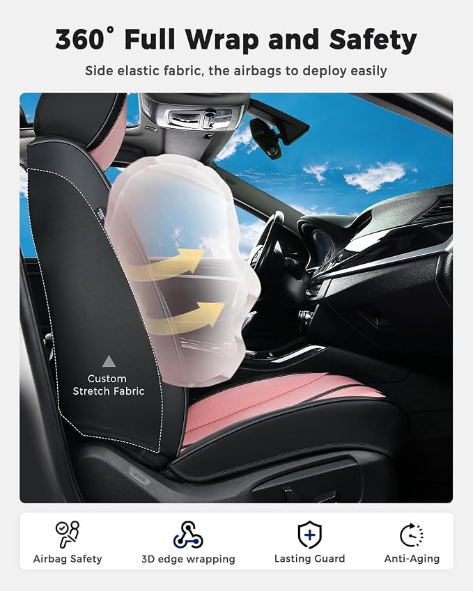 Huidasource Seat Covers Full Set, Luxury Faux Leather Seat Covers, Velcro Adjustable, with Airbags, Thinning Design Perforation Cooling＆Heating Universal Fit for Most Cars Vans Trucks SUVs, Black&Pink - Image 4