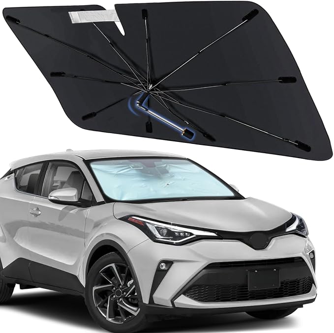 Windshield Sun Shade Umbrella for Toyota C-HR 2018-2023, Foldable Front Window Sunshade with 360° Rotating Shaft, Custom Fit Car Shades for C-HR Accessories with UV & Heat Protection by Visufy