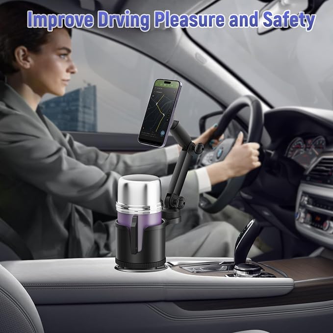 Magnetic Car Cup Holder with Phone Holder, 360° Rotating Cup Holder Expander Phone Holder, N52 Magnets Universal Car Mount with Adjustable Base for iPhone Samsung All Smartphones - Image 6