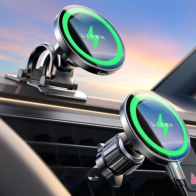 LISEN 15W MagSafe Car Mount Charger, Magnetic Phone Holders for Your Car | [Dual Mounting Type for 99% Vehicles] Magsafe Car Mount,15W Magnetic Wireless Car Charger Car Accessories for iPhone 17-12 by Lisen
