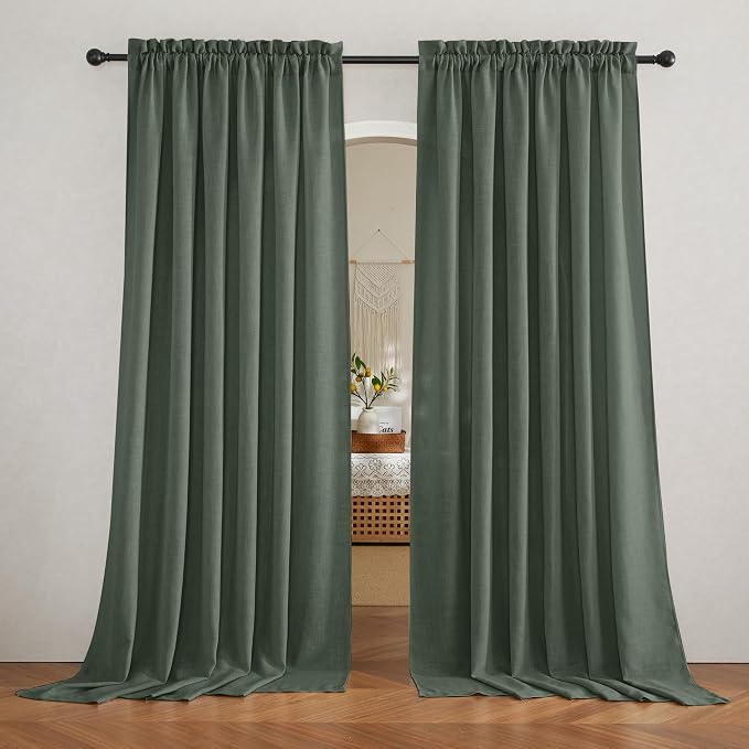 RYB HOME Green Linen Sheer Curtains 102 inches Long, Thick Heavy Textured Rod Pocket Machine Washable Privacy Assured for Living Room Bedroom, W 52 x L 102 inches, Hunter Green, 2 Panels - Image 7