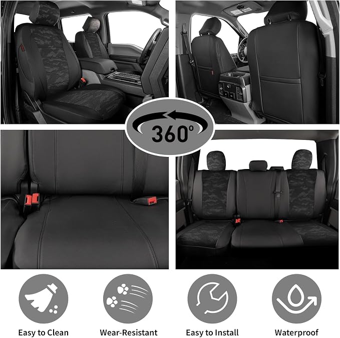 EKR F150 Seat Covers for (4 Door,SuperCrew) 2015-2020 Ford F150 XL/XLT & (CrewCab) 2017-2022 F250/F350/F450 SuperDuty XL/XLT Full Set-Faux Leather(Black/Gray Camo A122) - Image 2