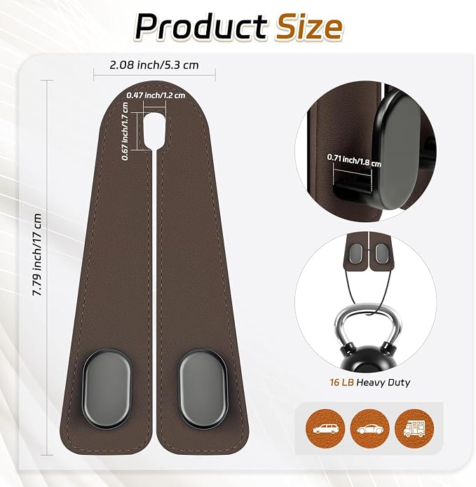 Car Seat Headrest Hooks, 4PCS Universal Car Purse Hook Leather Car Bag Hook | Brown Car Bag Purse Holder with Double Metal Hooks for Handbags, Grocery Bags, Bottles, Phones - Image 6