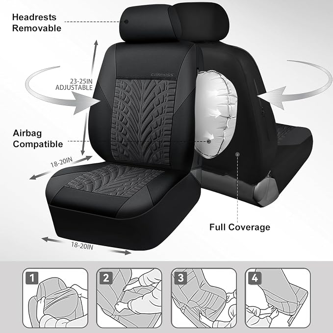 CAR PASS Neoprene Waterproof Seat Covers Two Front, Wetsuit Car Seat Covers 2pcs Universal Fit for Vans, Truck, SUV, 3D Tyre Embossed Seat Covers Anti Slip with Armrests, Aibag Compatible(Black Gray) - Image 5