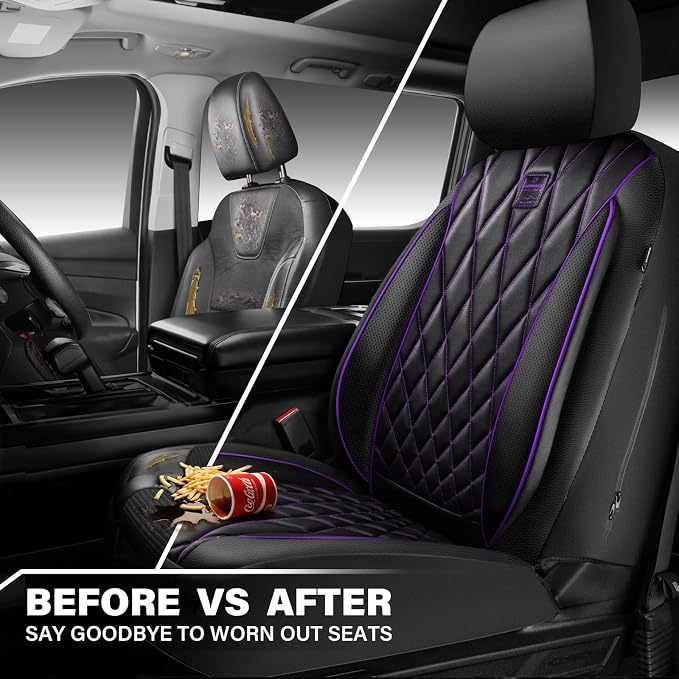 CAR PASS Piping Luxury Faux Leather Two Front Car Seat Covers, Waterproof Anti Slip Premium Automotive Seat Covers,Universal Fit for Suvs,Vans,Trucks, Armrest Airbag Compatible (Black and Purple) - Image 5