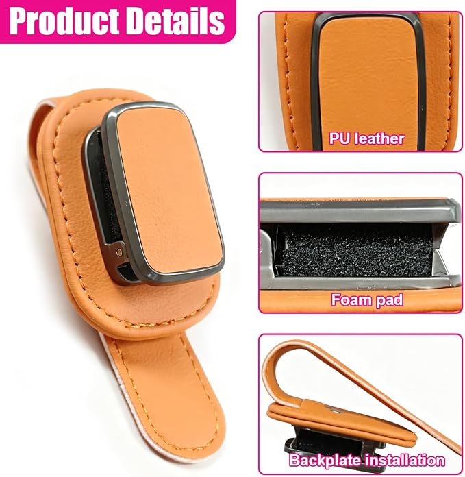 Car Sunglass Holder, Leather Car Sun Visor Eyeglasses Clip with Anti-Scratch Soft Padding, One-Handed Operation Auto Interior Glasses Organizer for Most Cars, Trucks, SUVs (Orange) - Image 3