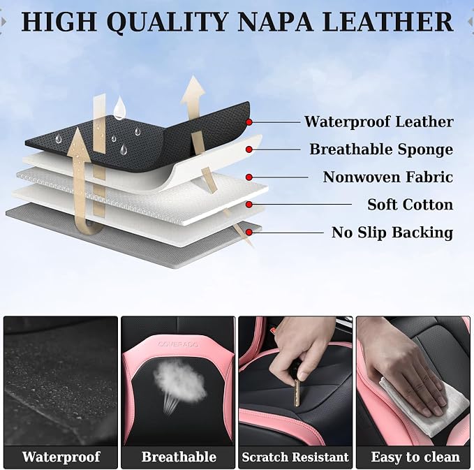 Coverado Seat Covers, Car Seat Covers Front Seats, Nappa Leather Seat Covers for Cars, Waterproof Car Seat Protector with Lumbar Support, Front Seat Covers Universal Fit for Most Cars (Black&Pink) - Image 6