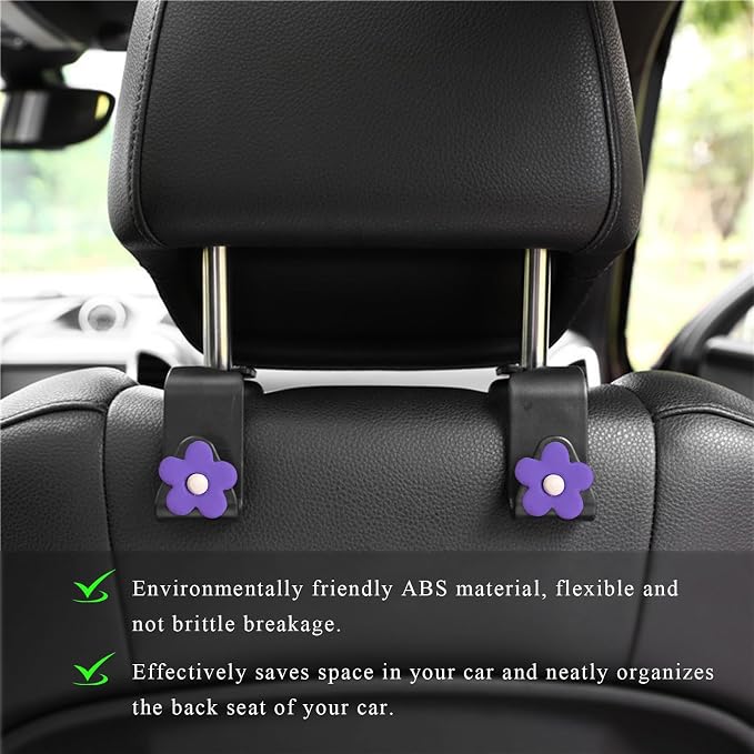 Yourkar 4 PCS Car Seat Headrest Hook, Plastic Headrest Hooks with Adhesive Flower, Auto Back Seat Hanger Storage Hook for Grocery Bag Purse Handbag Umbrella, Car Accessories (Purple) - Image 5