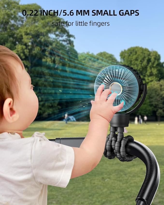 KIDEE Mini Stroller Fan, Portable Baby Fans Battery Operated, LED Display with 3 Speeds, Small Clip on Fan Desk Fan USB Rechargeable, Personal Handheld Fans for Outdoor Travel, Children Gift - Image 5