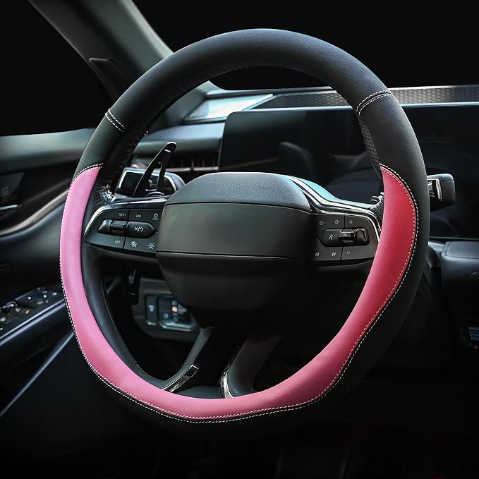 Microfiber Leather Steering Wheel Cover Large-Size for F150 F250 F350 Ram 4Runner Tacoma Tundra Range Rover Model S X with 15 1/2 inches-16 inches Outer Diameter Pink - Image 3