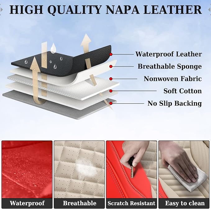 Coverado Leather Car Seat Covers Full Set, 5 Seats Seat Covers for Cars, Waterproof Car Seat Cushions, Front and Rear Seat Protectors Universal Fit Most Vehicles (Red&Beige) - Image 3