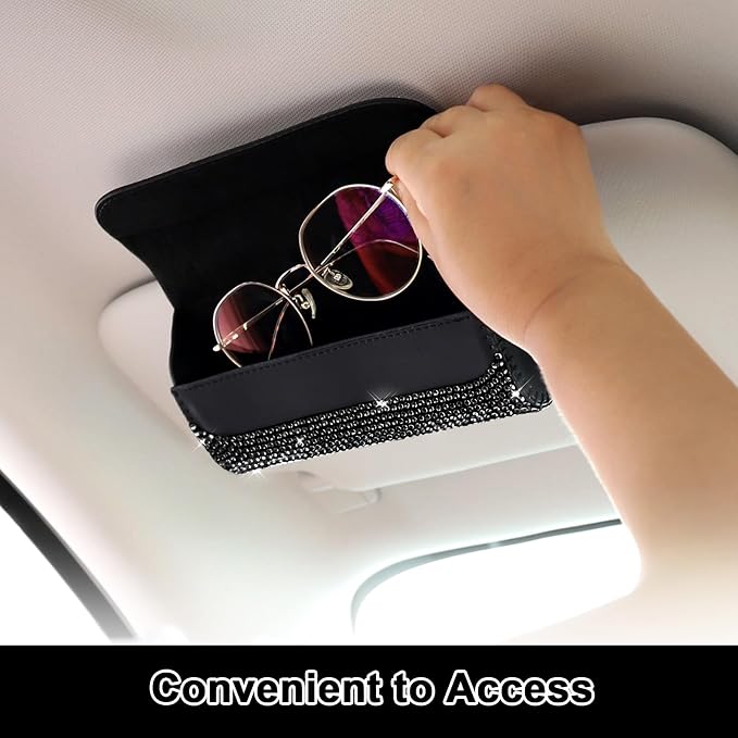 Accmor Bling Sunglasses Holder for Car Sun Visor, Sparkling Auto Glasses Clip Case Eyeglasses Protective Box, PU Leather Car Sunglass Storage Organizer for Truck, SUV, RV (Black Crystal) - Image 4