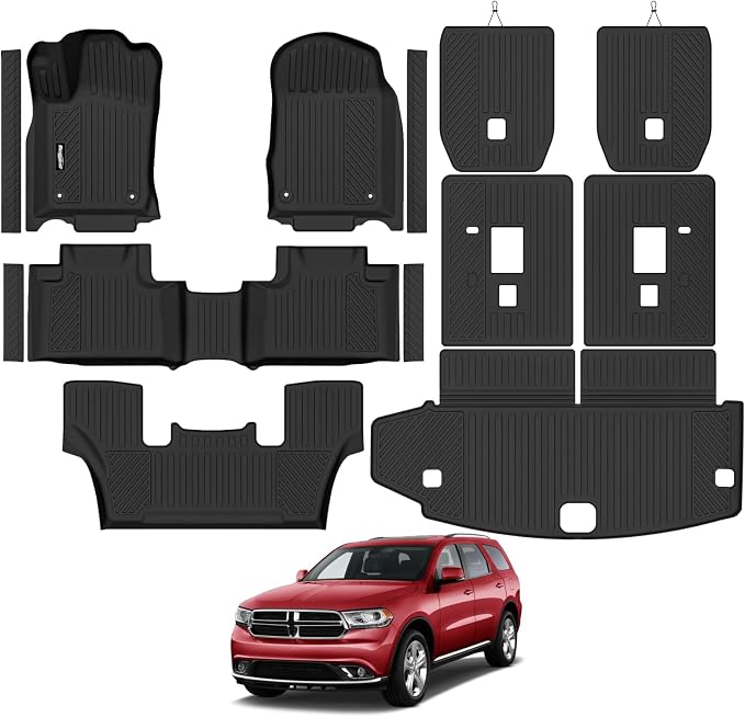 Floor Mats for 2013-2015 Dodge Durango 6 Seats/Captain Seat | Trunk Mat and 2nd/3rd Backrest Mat & Door Sill Guard All Weather TPE Protector Full Set Interior Accessories Floor Liners by Bingoliner