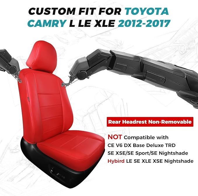 Custom Seat Covers for Toyota Camry 2012-2017, Red | Only Fit for Camry L/LE/XLE 2012-2017, Not for Hybrid, Full Coverage, Faux Leather, Protective, Scratch-resistant, Easy-clean - Image 2
