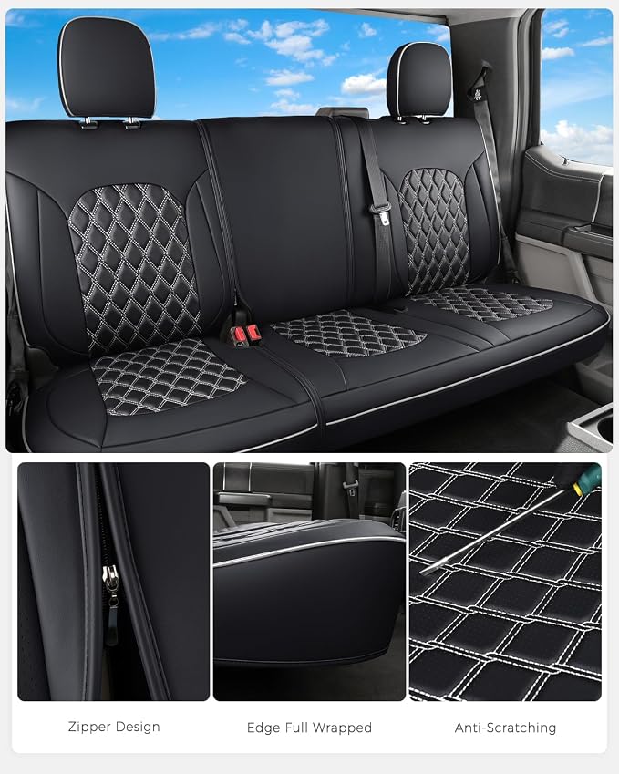 Huidasource Rear Car Seat Covers Fit for Ford F150, Automotive Car Seat Cushion Cover Fit for 2015-2026 F150 SuperCrew&2017-2026 F250 F350 F450 Super Duty Crew Cab Pickup(Back Row/Black&White) - Image 5