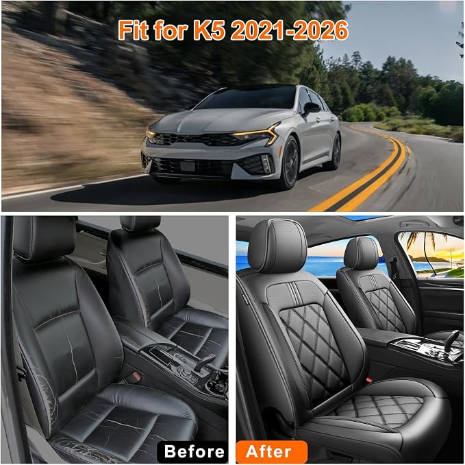 K5 Car Seat Covers Custom Fit for Kia K5 2021-2025 2026, Full Coverage Leather Waterproof Breathable Seat Covers Full Set, Automotive Seat Protectors, Airbag Compatible(5 Seats, Black) - Image 6
