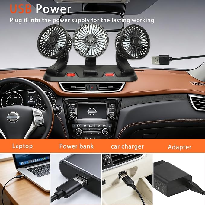 5V USB Car Fan, 3-Head 360° Rotating Dashboard Fan | Ideal for cars with broken AC. 2-Speed Quiet. Multi-Scenario: Sedans, SUVs, Pickups, Office, Camping. USB portable. - Image 5
