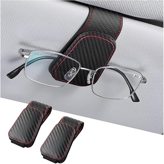 AICEL 2PCS Sunglasses Holders for Car Sun Visor, Carbon Fiber, Black | Leather Eyeglasses Hanger Mounter, Magnetic Glasses Holder and Ticket Card Clip, Car Accessories, Universal Fit by AICEL