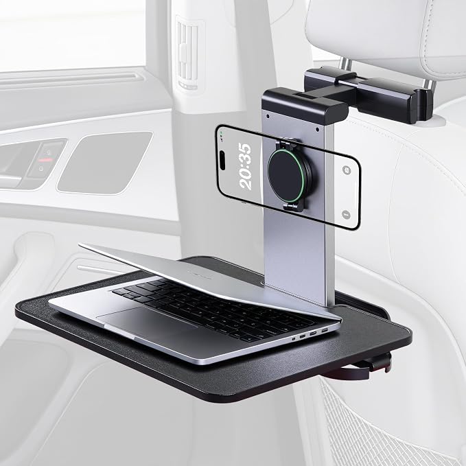 Back Seat Car Tray & Car Desk for Laptop, Wood Cup Holder Table Aluminum Cantilever Laptop Mount for Vehicle,Steering Wheel Tray Fits for Tesla Model Y/3/S Camry Forester F150 Tundra&Most Vehicles by Treesiche