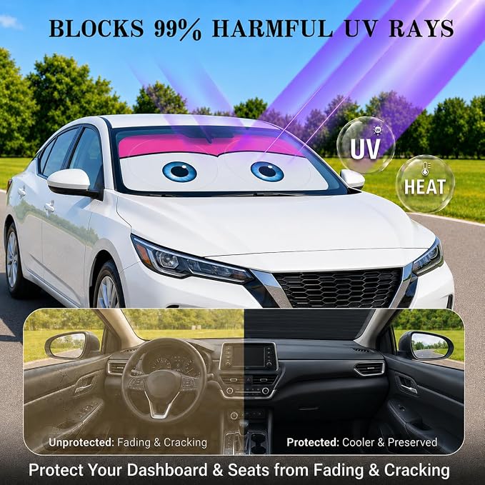 Car Windshield Sun Shade, Universal Fit Compact Sedan SUV, Cute Pink | 57 x 29.5" Car Sun Visor, Foldable Front Window Sunshade, UV Heat Protection, Cute Eyes Series - Image 3