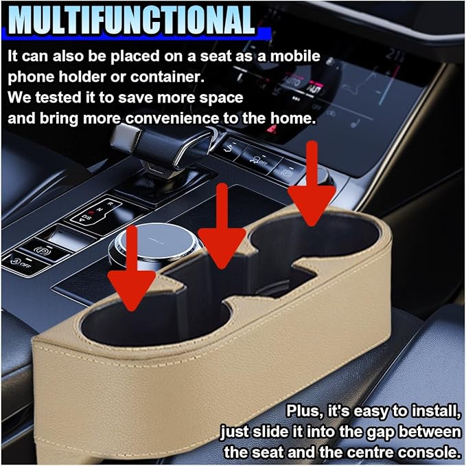 ZIMISI Car Cup Holder, Leather Front Console Gap Filler Organizer (Beige) | Car Seat Gap Filler Storage Box, Multifunctional Car Cup Drink Holder, Coin Bucket, Cell Mobile Phone Holder - Image 6