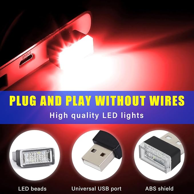 Augeny 4 PCS USB LED Car Interior Atmosphere Lamp, Plug-in USB Decor Night Light, Portable Auto Ambient Lighting Kit, Universal Vehicle Interior Accessories for Most Cars (Red & Blue) - Image 3